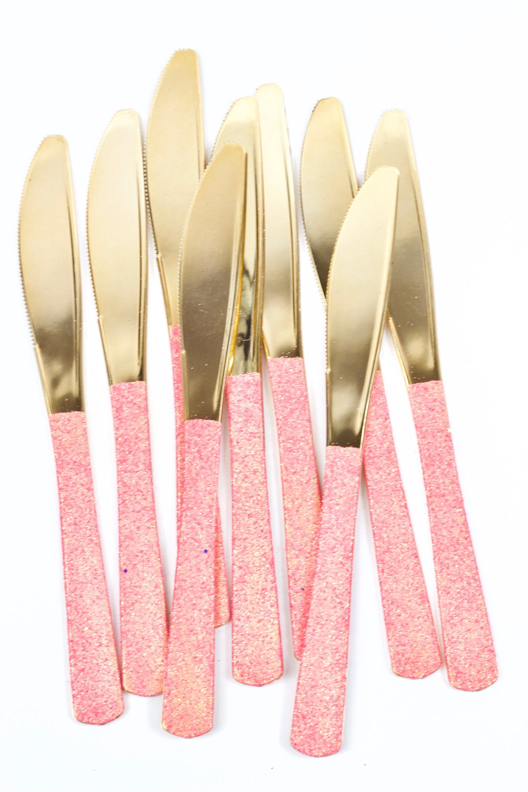 15pc Gold Knives Hot Pink Glitter Decorative Silverware, Disposable