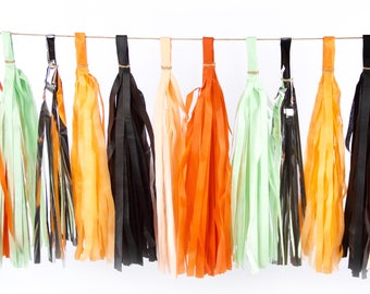15+ Tassel Garland - Peach Orange Black Silver Tassels- "Hocus Pocus" Tassel Banner - Backdrop, DIY Halloween Party Decor
