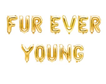 Gold "Furever Young" Balloon Banner - 16" Letter Balloons - Gold - Animal Theme Party, Animal Adoption Party, Dog Birthday, Paw Patrol Theme