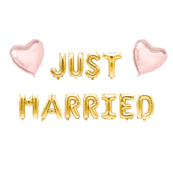 Banner de globo dorado "Just Married" - Globos con letras de 16" - Oro - Decoración de fiesta de boda, Banner de mesa principal, Fondo de foto de boda