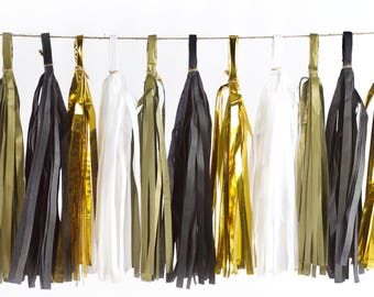 15+ Tassel Garland - Gold Black White Tassels- "Midnight Glam" Tassel Banner - Backdrop, DIY Party Decor, New Years, Birthday