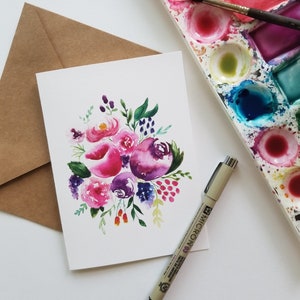Carte Aquarelle fleur, Floral stationnaire, carte bouquet de fleurs, format A6