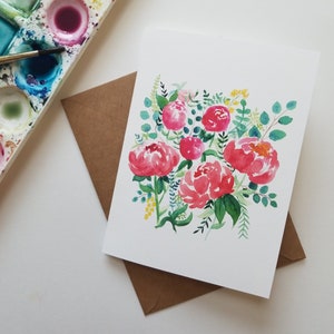 Tarjeta de peonía de acuarela, paisaje floral, estacionario de la flor, tarjeta A6
