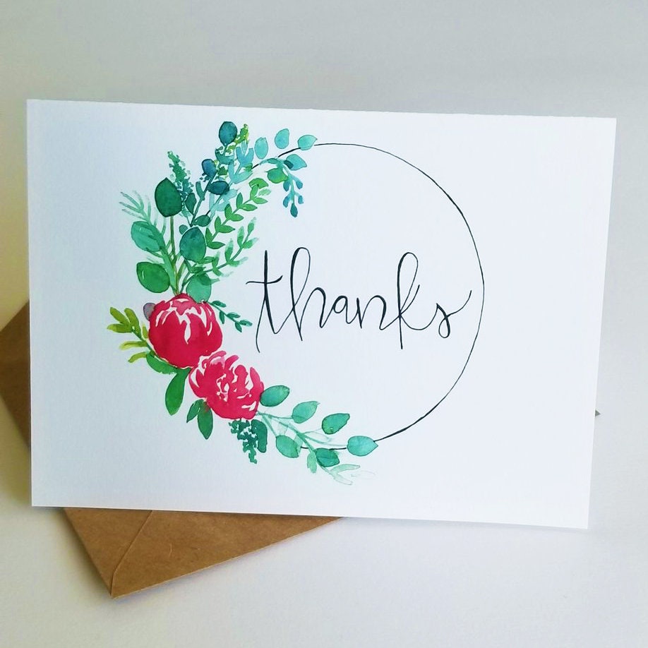 Thank You Card, Blank Floral Watercolor Note Card, Peony Flower Circle ...