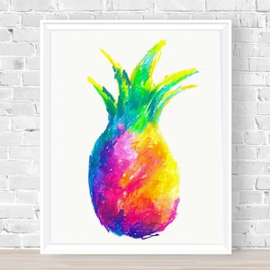 Pode incluir: Uma pintura colorida de um abacaxi com um arco-íris de cores, incluindo vermelho, laranja, amarelo, verde, azul e roxo.