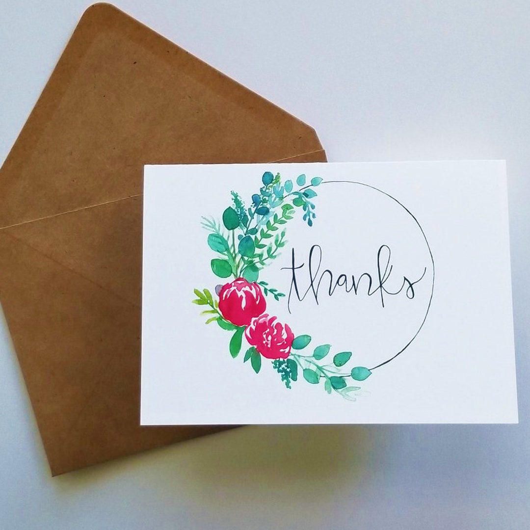 Thank You Card, Blank Floral Watercolor Note Card, Peony Flower Circle ...