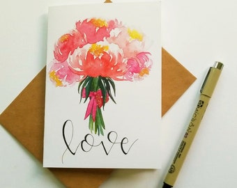 Valentines Day card, Floral Peony bouquet, Pretty glitter anniversary, Unique Flower stationary, A6 card