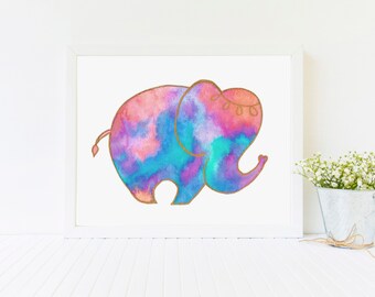 Colorful Watercolor Elephant Print Wall Art Safari Nursery Decor For Bathroom