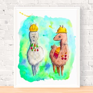 Llama Construction poster, Boys room decor, Hard hat art
