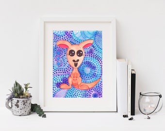 Watercolor Kangaroo Print, Australian Art, Aboriginal Art, Kangaroo Nursery, Kangaroo Art Print, Watercolor Anime, Australian Animal