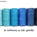 Linhasita, set of 6 colours x 16 yards, waxed polyester cord, blue thread, sea blue, aquamarine, navy thread, macrame cord, royal blue