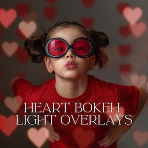 May include: A young person wearing large black-framed sunglasses with red lenses and a red shirt. The person has their lips covered in red beads and is surrounded by heart-shaped bokeh lights. Text on the image reads "HEART BOKEH LIGHT OVERLAYS."