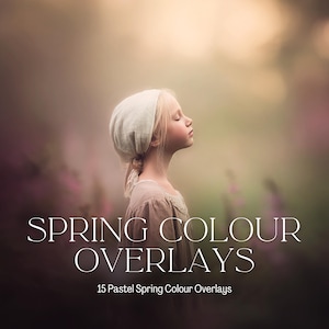 Könnte beinhalten: Eine Person mit blondem Haar, die eine weiße Kopfbedeckung und ein braunes Kleid trägt, die Augen geschlossen, in einer unscharfen Umgebung im Freien. Der Text lautet "SPRING COLOUR OVERLAYS" und "15 Pastel Spring Colour Overlays".