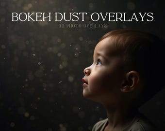 May include: A young child with brown hair looks up at a light source, creating a bokeh effect. The image is titled "Bokeh Dust Overlays" with the text "30 Photo Overlays" below it.