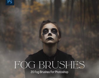 May include: A woman with black makeup around her eyes stands in a foggy forest. The text "FOG BRUSHES" and "20 Fog Brushes for Photoshop" is displayed below her.