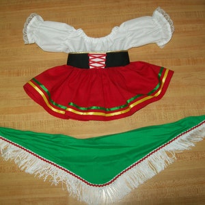 May include: A red and green skirt with a white blouse and a green and white fringed shawl. The skirt has a black belt with a white lace design.