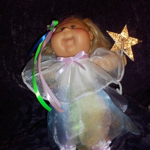Fairy outfit with wings bodysuit tights skirt neck ruffle wand satin slippers hair ribbons