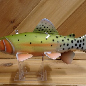 Puede incluir: Una figurita de pez trucha de madera pintada a mano con un cuerpo verde, naranja y blanco y manchas negras. El pez está montado en un soporte de plástico transparente.