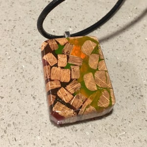 Red and Orange Resin Pendant Necklace - Wood and Multi-color Resin