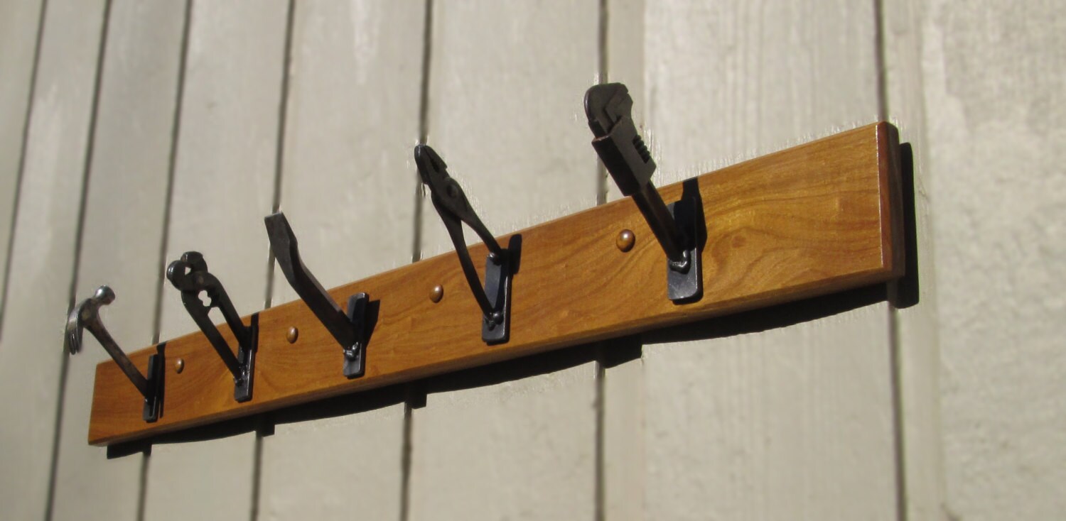 Wall Mount Coat Rack Welded Tools and Teak Wood Base Etsy UK