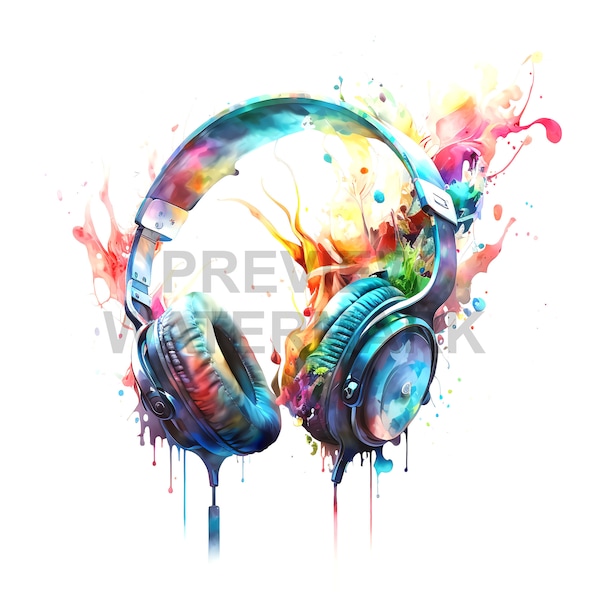 Dripping Headphones 4K Hi-Res Music Watercolor Art Digital Download