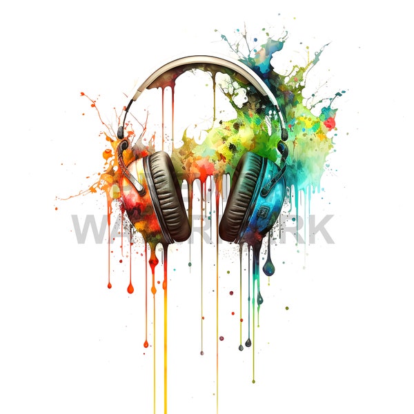 Dripping Headphones 4K Hi-Res Music Watercolor Art Digital Download