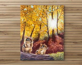 Autumn's Amber Light - Chipmunks - Original Watercolor Art