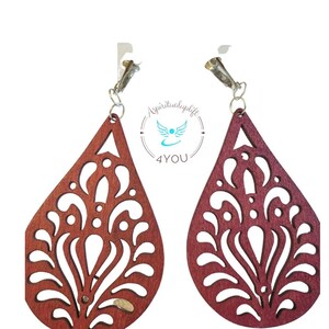 Clip On Earrings, Dangle Earrings,  Pierced Earrings, Wooden Jewelry,  4 inch dangle red wood earrings,  gift for her,  Birthday gift