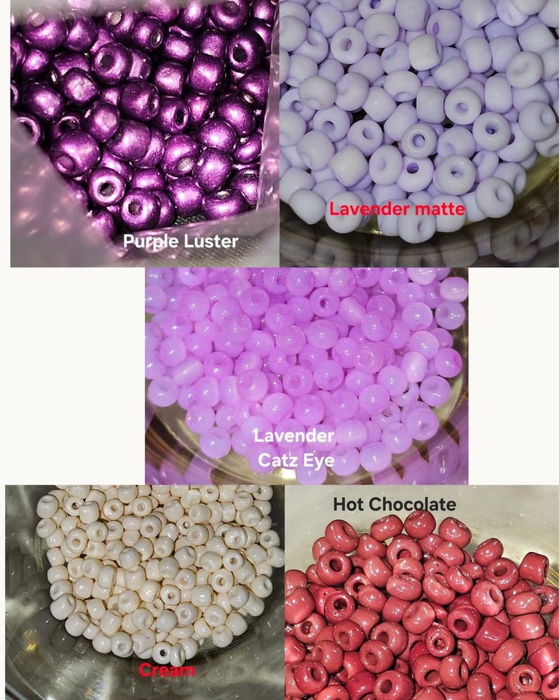 May include: An assortment of colorful beads in various shades. The image displays purple luster, lavender matte, lavender catz eye, cream, and hot chocolate beads. These beads are suitable for jewelry making and crafting projects.