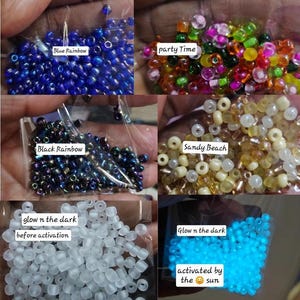 May include: Assortment of colorful seed beads in small plastic bags. Colors include blue, black, and a mix labeled "party Time" and "Sandy Beach." One bag glows in the dark after sun activation. Text on bags: "Blue Rainbow," "Black Rainbow," "Sandy Beach," and "Glow n the dark."