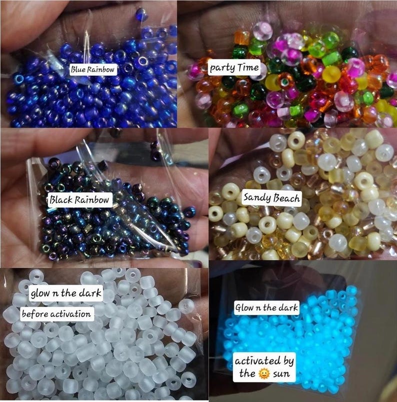 May include: Assortment of colorful seed beads in small plastic bags. Colors include blue, black, and a mix labeled "party Time" and "Sandy Beach." One bag glows in the dark after sun activation. Text on bags: "Blue Rainbow," "Black Rainbow," "Sandy Beach," and "Glow n the dark."