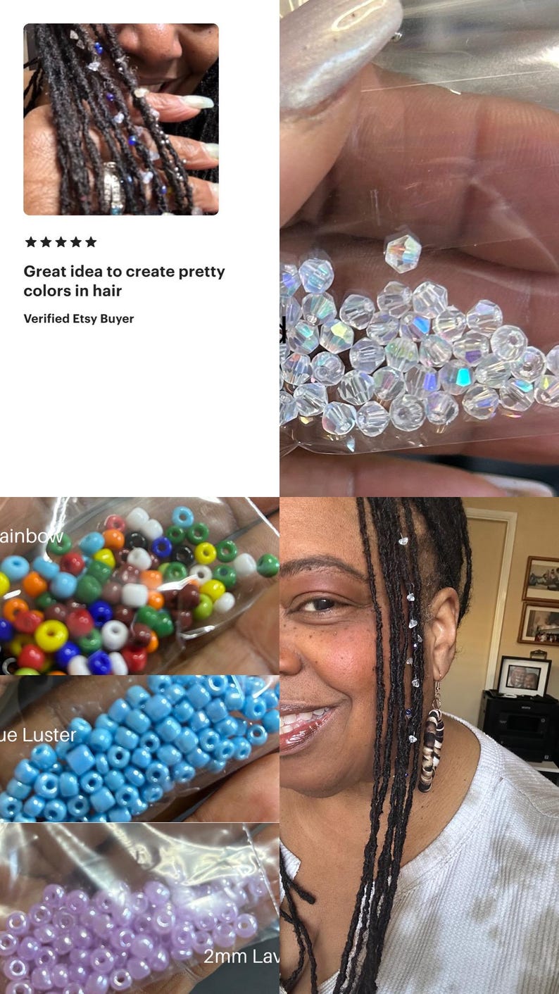 May include: An assortment of hair accessories, including clear, iridescent beads and colorful seed beads in bags. The image also shows hair styled with decorative beads. Text reads: "Great idea to create pretty colors in hair."