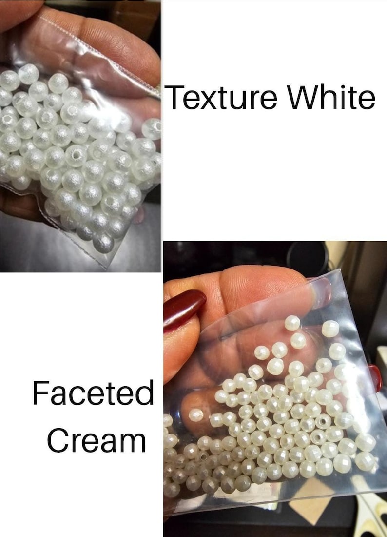 May include: Two clear plastic bags filled with white and cream-colored beads. One bag contains round, textured white beads, and the other contains faceted cream beads. The text "Texture White" and "Faceted Cream" are visible.