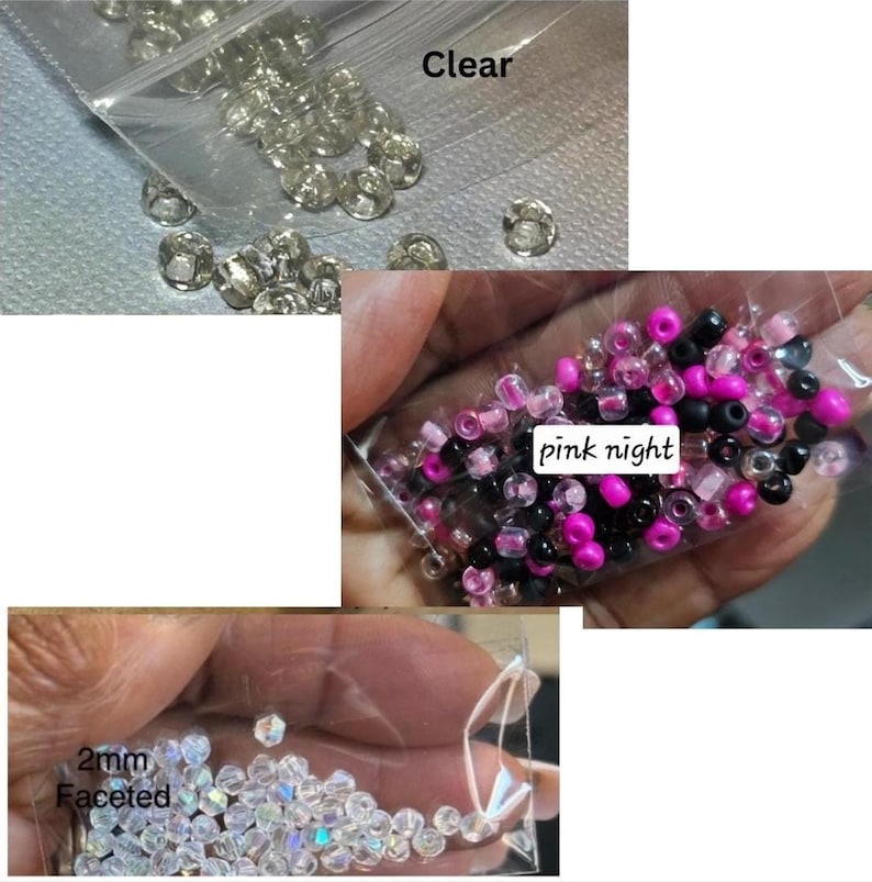 May include: Three small plastic bags filled with beads. One bag contains clear, round beads, another contains pink, black, and fuchsia beads, and the third contains 2mm faceted beads. The text "Clear", "pink night", and "2mm Faceted" are visible.