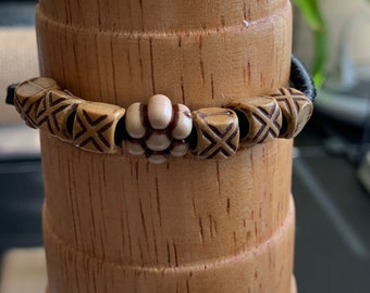 Carved wood bead cord bracelet, unisex bracelet, gift jewelry
