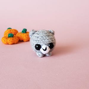 May include: A small, round, gray crocheted animal figure with large black plastic eyes and a white snout, accompanied by two miniature orange crocheted pumpkins with green stems, all crafted with visible yarn texture and detailed stitching.