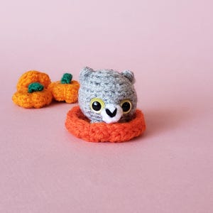 May include: A small, gray, crocheted cat head with large yellow and black eyes and a white muzzle, sitting inside a bright orange crocheted ring. Two small orange crocheted pumpkins with green stems are positioned to the left of the cat head.