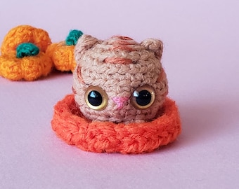 May include: A small, crocheted tan tabby cat figure with large black eyes and a pink nose, sitting inside a bright orange crocheted ring. In the background, there are two small orange crocheted pumpkins with green stems.