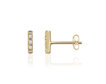 TousiAttar Mini Bar Stud Earrings Tiny 14k Gold Diamond Earring with 6 Small Real Diamonds for Women and Girls Cute Jewelry for Everyday