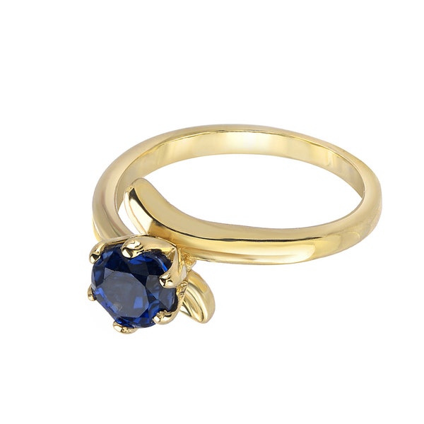 TousiAttar Sapphire Solitaire Engagement Ring 1.00 ct Round Cut Sapphire Wedding Rings Real Solid 14k Yellow Gold September Birthstone