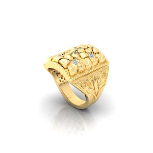 Gold Nugget Ring with Diamonds for Men – 18K,10k,14k Yellow White Cluster Heavy Band Engagement - Nice Jewelry Pinky Rings Gift