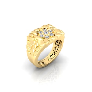 Diamond Ring Men&#39;s Gold Nugget – 10k,14k or 18 Karat Yellow White Cluster Heavy Band Engagement - Nice Jewelry Pinky Ring Gift for Men’s
