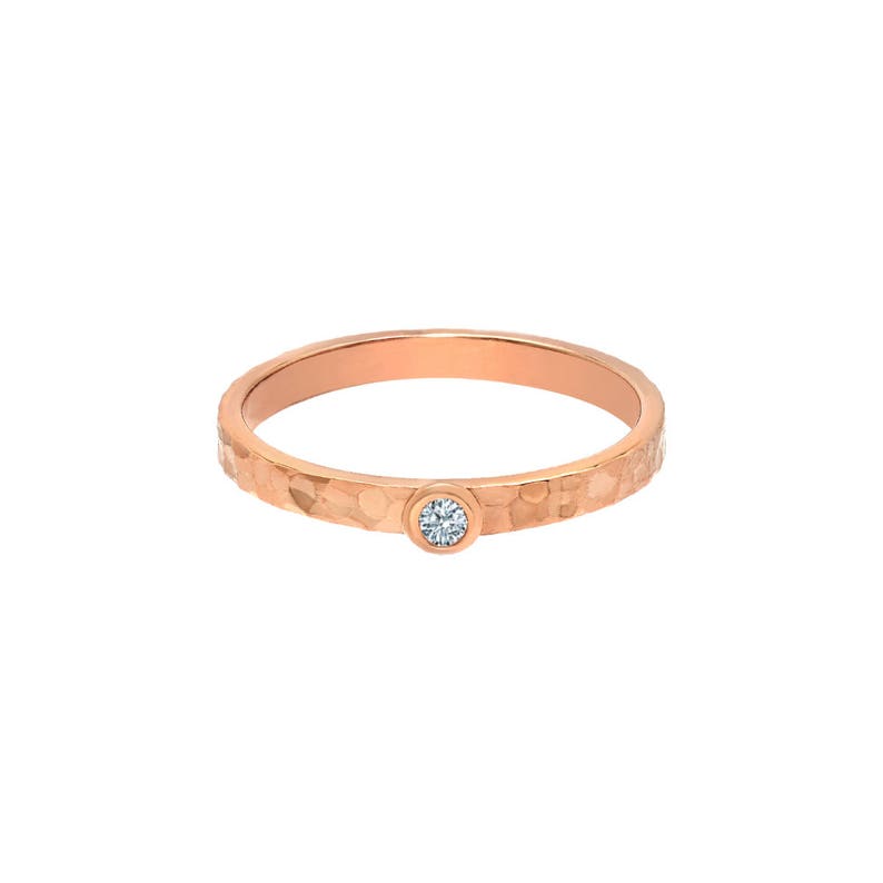 TousiAttar Solitaire Diamond Band Solid 14k Rose Gold hammered Rings Jewelry for Women Free Engraving Name and Initial