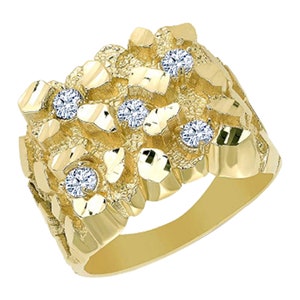 Mens Solid Gold Nugget Diamond Ring – Solid 10k,14k or 18 Karat Yellow White Cluster Heavy Band Engagement Nice Jewelry Pinky Ring Gift