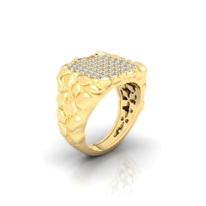 Mens Gold Nugget Diamond Ring – 18 Karat 14k,10k Yellow White Cluster Heavy Band Engagement- Nice Jewelry Pinky Ring Gift for Men’s