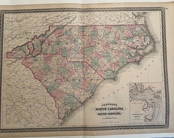 1865 AJ Johnson vintage North Carolina & South Carolina MAP 18 1/8" X 26 3/8" inset of Charleston Harbor during the US Civil War