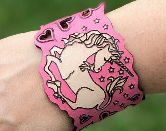 Pink Unicorn Fantasy Heart Leather Bracelet Cuff