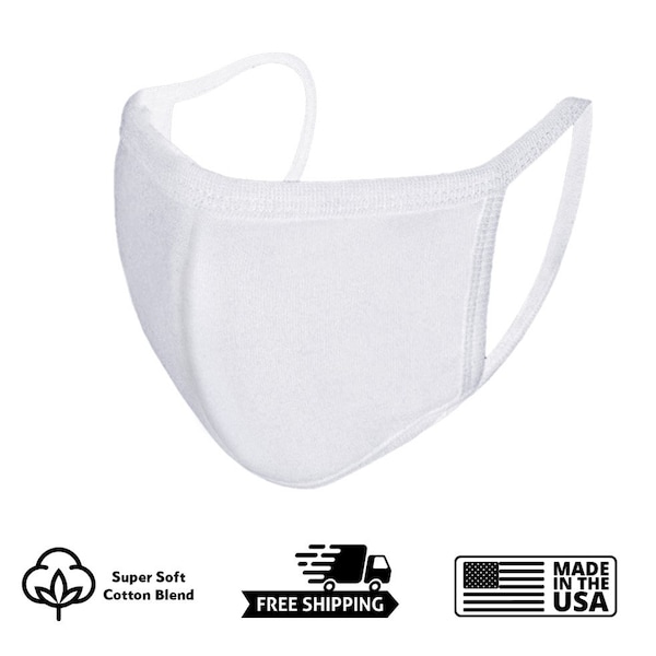 White Face Mask Adult Unisex 2-Ply Soft Cotton USA Blend Mouth Mask Washable Reusable Made in USA