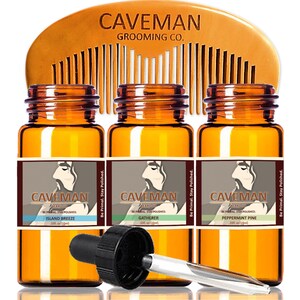 Men&#39;s Beard Oil Conditioner by Caveman® All Natural CHOOSE YOUR OWN 3 Scents Glass 10ml Bottles Hand Crafted   + Free Comb