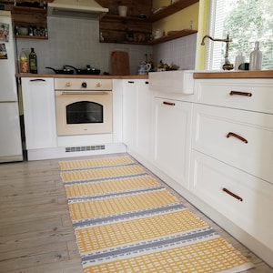 Yellow & Gray Cotton Rug: Scandinavian Nursery Runner (71x32 in)